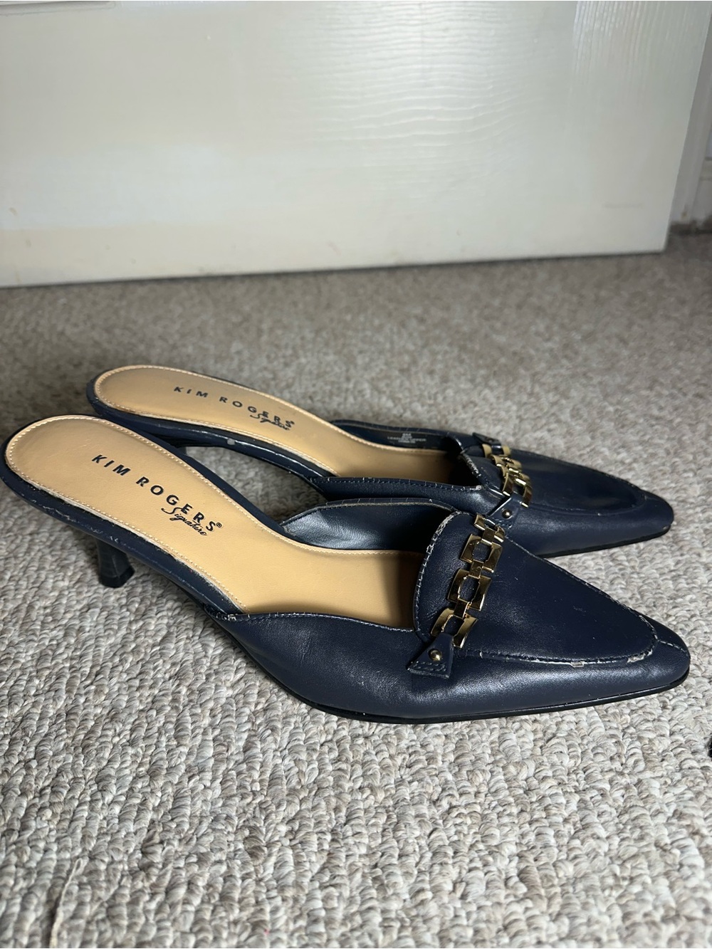 Kim Rogers Navy Pointed-Toe Kitten Heel Mules with Gold Chain Accent